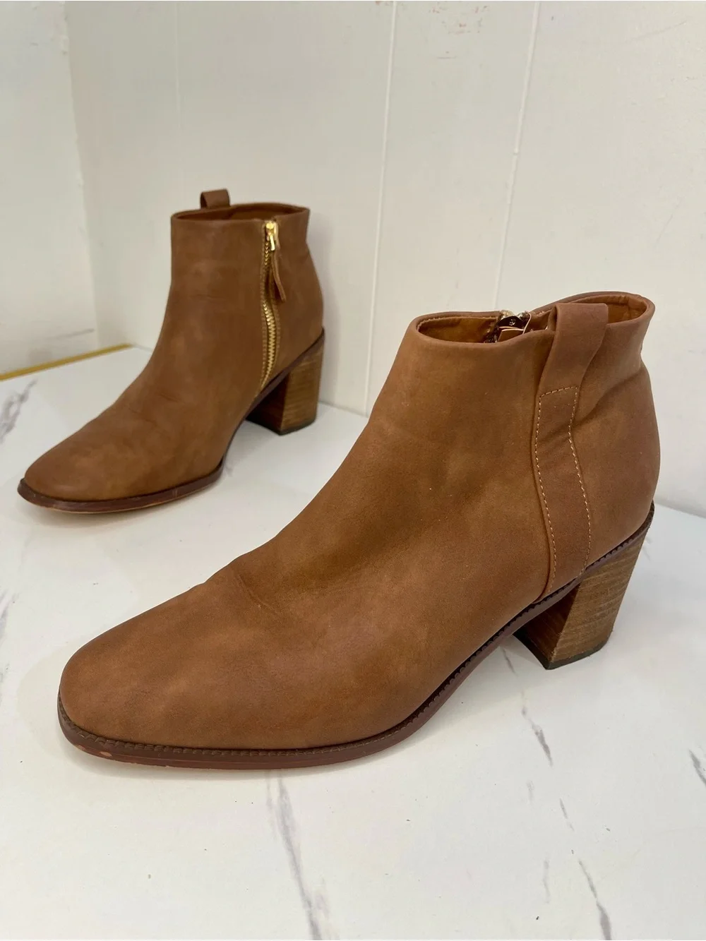 Nautica Women's Cognac Suede Ankle Booties with Stacked Heel Size 9.5 M